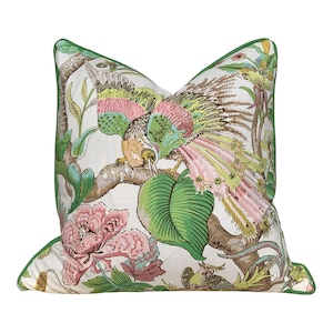 Schumacher Cranley Garden Pillow in Green, Yellow, Pink.  Chinoiserie Designer Cushion, Luxury Decorative Euro Sham, Botanical Pillows