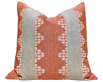 Thibaut Dhara Stripe Pillow in Coral. Striped Accent Pillows, Decorative Coral and Tan Pillows, Designer Linen Cushion Covers, Euro Sham