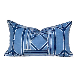 Sale!!!! Ready to Ship , Pair of 14&quot;X24&quot; Thibaut Shoji Panel Pillow Covers in Blue. Lumbar Bamboo Cushion in Navy. Designer pillows