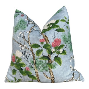 Katsura Pillow in Sky Blue. Designer Chinoiserie Pillow, Light Blue and Green Pillows, Euro Sham Cover, Blue and Green Floral Lumbar Pillows
