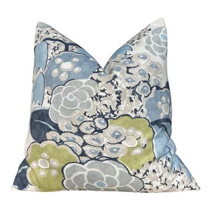Thibaut Laura Pillow Cover in Blue – Linen Floral Decorative Throw Pillow, Bold Floral Cushion Blue and Green, Designer Home Décor Accent