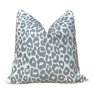 Schumacher Iconic Leopard Linen Pillow in Sky Blue. Designer High End Decorative Leopard Pillows, Accent Linen Pillow Cover in LIght Blue