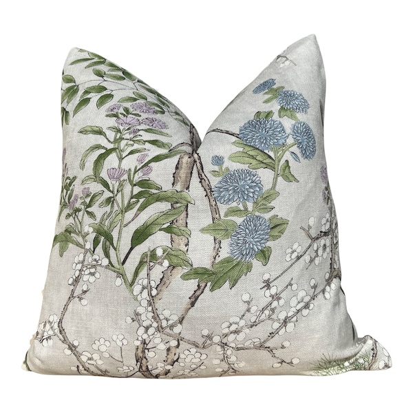 Thibaut Katsura Linen Pillow - Cream, Lavender. Designer High End Floral Pillows, Euro Sham Cover, Decorative Lumbar Pillows, Bedroom Decor