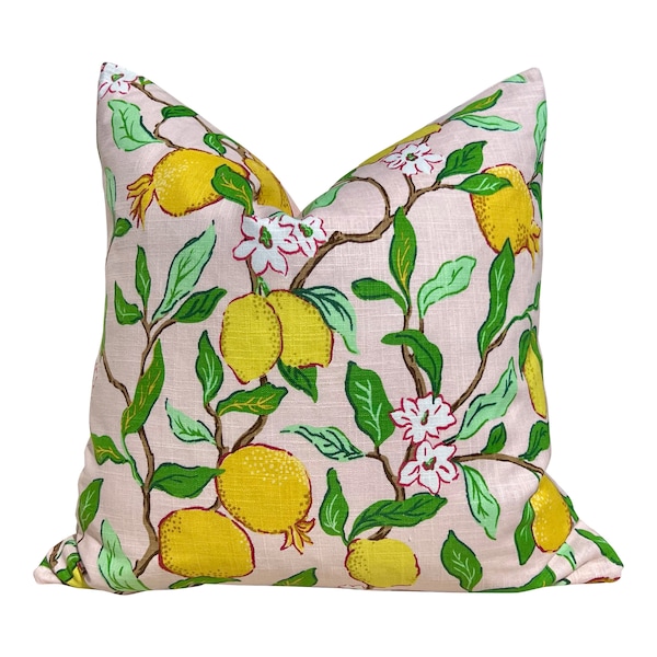 Designer  Lemon Tree Pillow in Pink. Designer Linen Pillows, Accent Lumbar Pillow Cover, Hinge End Decorative Pillows, Euro Sham Covers