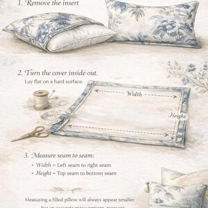 May include: Illustrated guide on how to measure a pillow cover correctly. The image shows a pillow cover with a floral design, a measuring tape, and scissors. Text explains the steps: remove the insert, turn the cover inside out, and measure seam to seam.