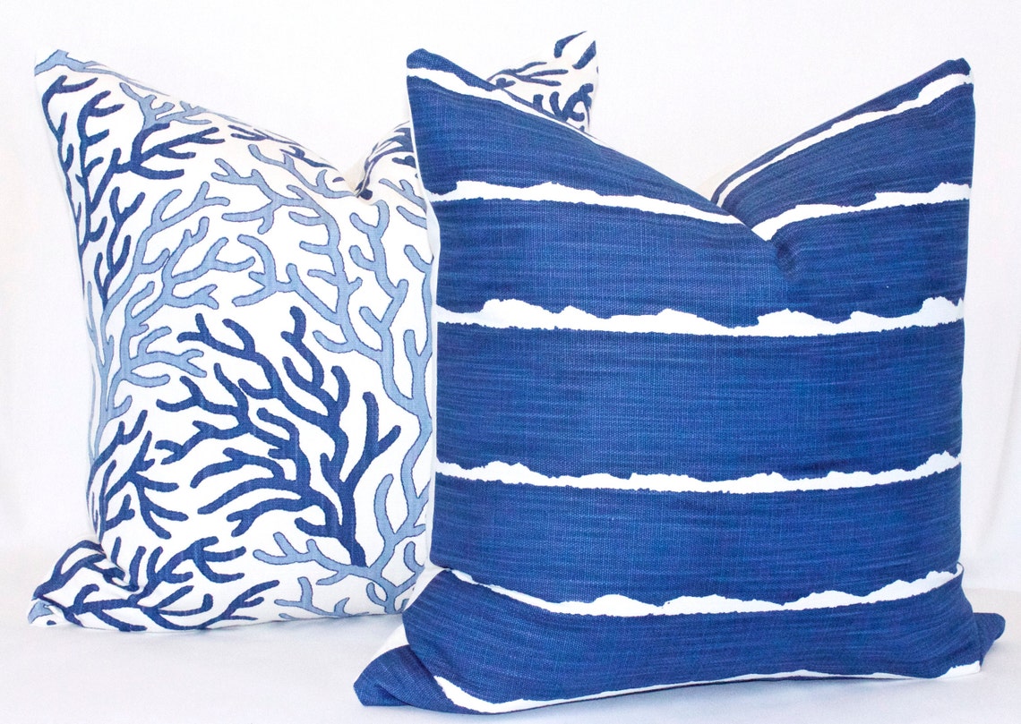 Coral Cotton Pillow Cover in Blue. Lumbar Coral Pillow Cover Etsy
