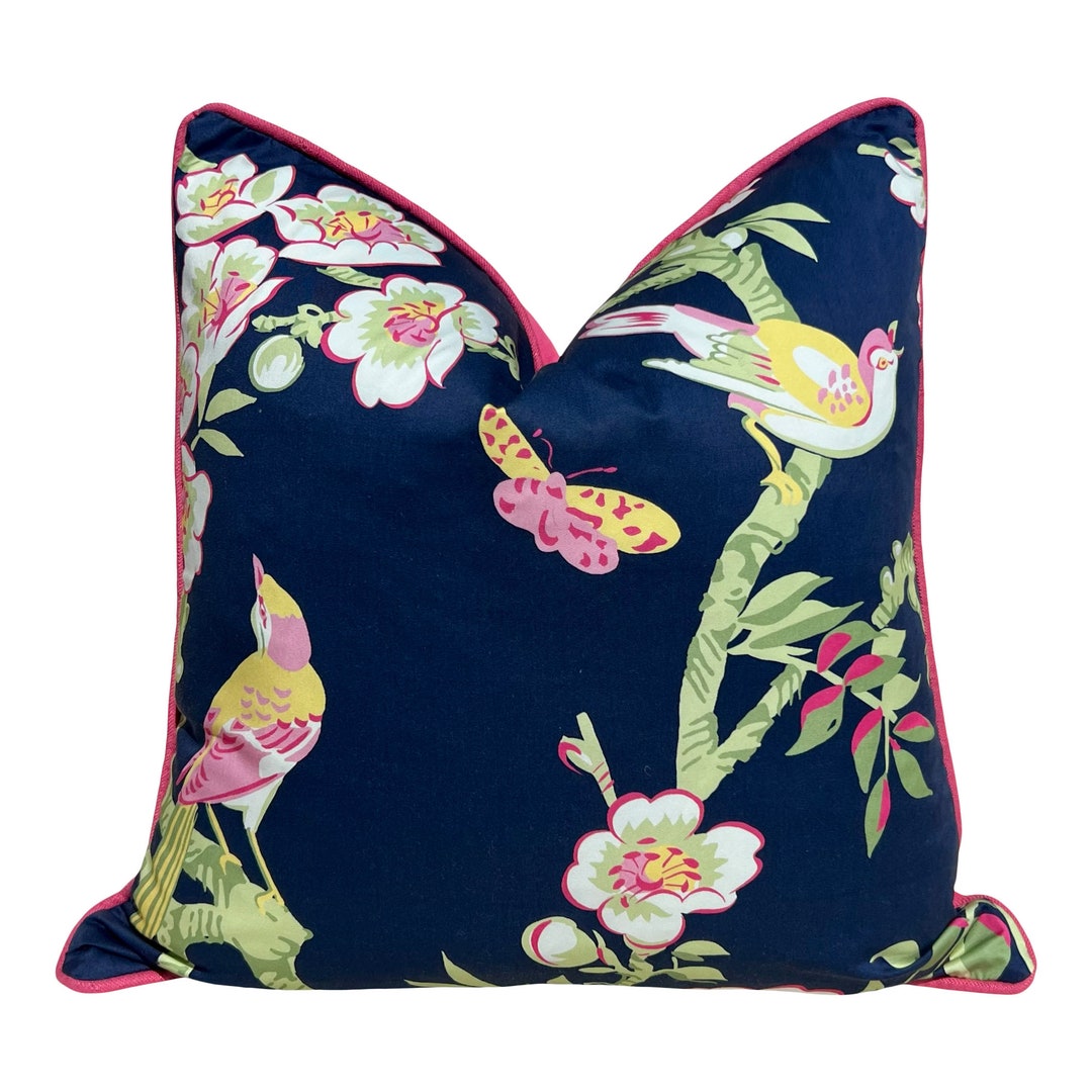 Thibaut Yukio Pillow in Navy and Fuchsia, Chinoiserie Cushion Cover