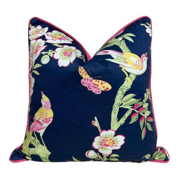 Thibaut Yukio Pillow in Navy and Fuchsia, Chinoiserie Cushion Cover, Euro Sham Pillow Cover, Designer Pillows, High End Pillows Navy Pink