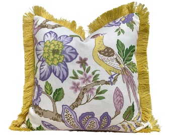 Schumacher Huntington Garden Pillow in Lilac. Decorative lumbar Pillow in Yellow.
