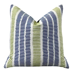 Outdoor/ Indoor Top Sail Striped Pillow Blue and Green. Designer Woven Decorative Sunbrella Outdoor Pillow Cover Blue and Green Stripes