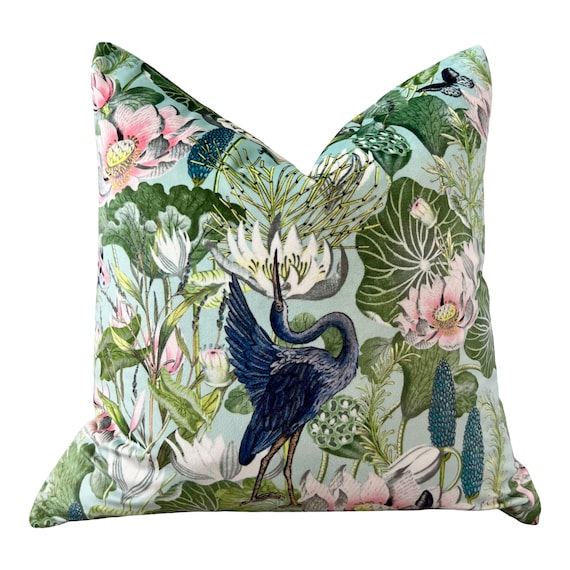 Waterlily Designer Velvet Pillow in Aqua Exotic Bird Cushion Luxury Sea Green Velvet Tropical Home Decor High End Cushion Cover Etsy
