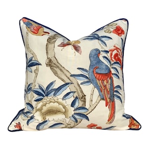 Thibaut Gissele Linen Pillow In Blue Coral. Designer Pillows, Floral Accent Cushion Covers, HIgh End Decorative Bird Print Pillow Covers