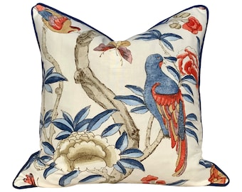 Thibaut Gissele Linen Pillow In Blue Coral. Designer Pillows, Floral Accent Cushion Covers, HIgh End Decorative Bird Print Pillow Covers