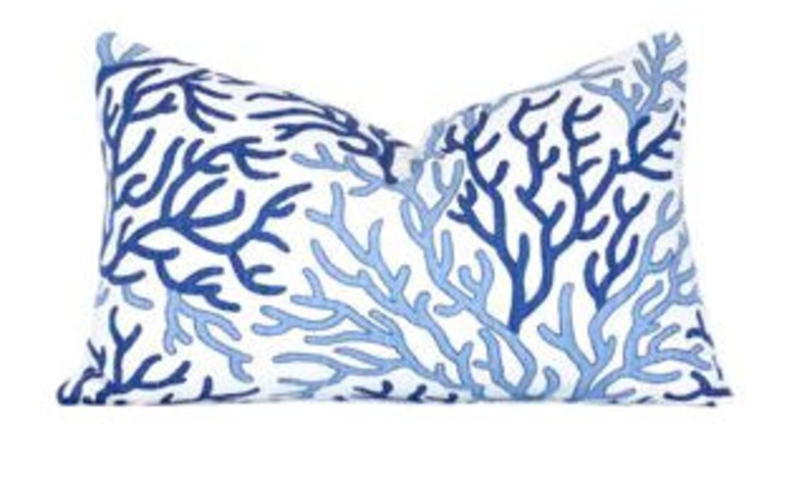 Coral Cotton Pillow Cover in Blue. Lumbar Coral Pillow Cover Etsy