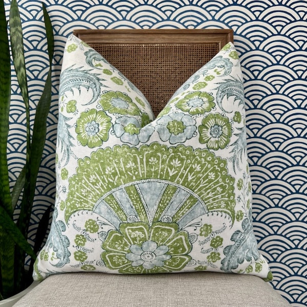 Schumacher Calicut Linen Pillow in Aqua and Green. Designer Pillows, High End Pillows, Aqua Blue Floral Pillow, Modern Floral Pillow