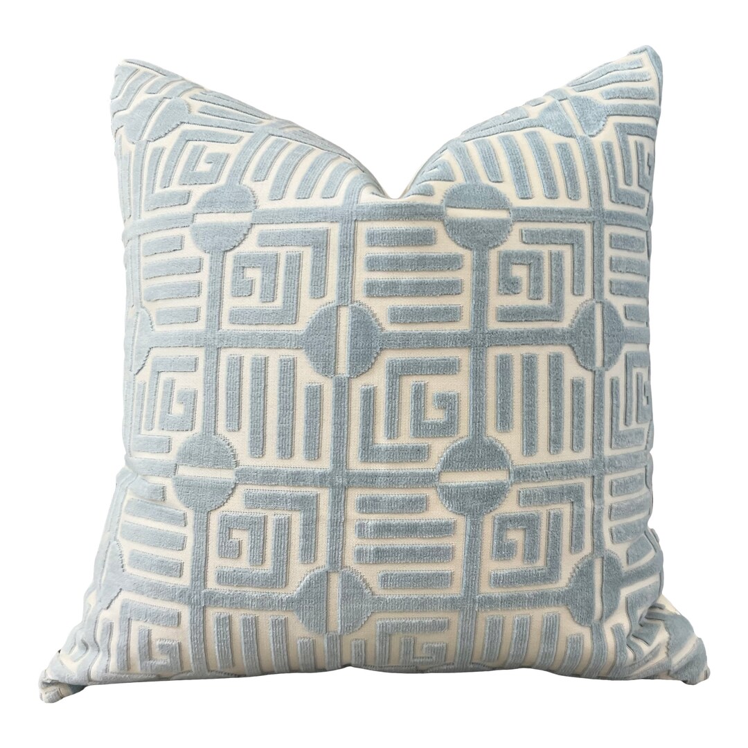 Thibaut Labyrinth Velvet Pillow in Spa Blue. High End Pillows, Designer