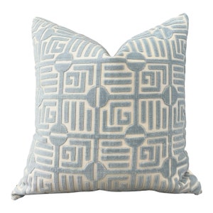 Thibaut Labyrinth Velvet Pillow Spa Blue. High End Pillows, Designer Raised Velvet Cushion Covers, Geometric Velvet Pillows Light Blue
