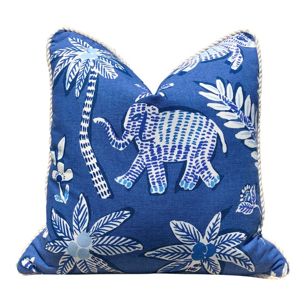 Thibaut Goa Blue Pillow Cotton Rope Trim. Tropical Accent Pillow Covers, Designer Hign End Pillows in Blue, Animal Print Decorative Cushions