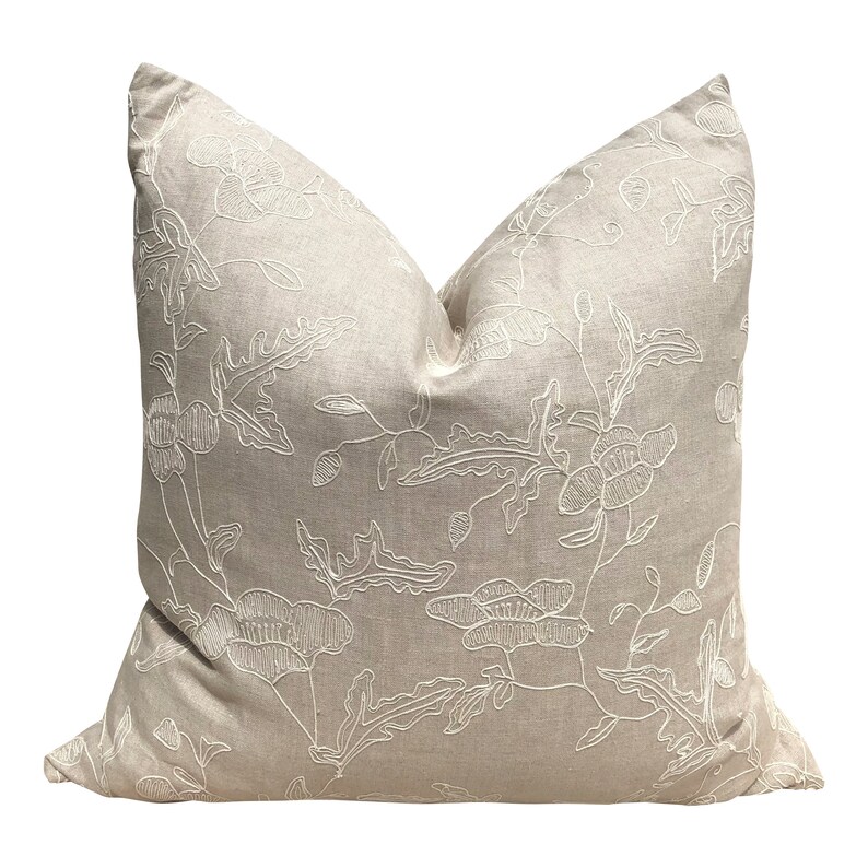 Embroidered Linen Pillow Cover in Taupe. Lumbar Linen Pillow Etsy