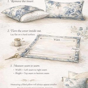 May include: Illustrated guide on how to measure a pillow cover correctly. The image shows a pillow with a floral design, a tape measure, and scissors. Text explains to measure the cover inside out, seam to seam, for accurate measurements.