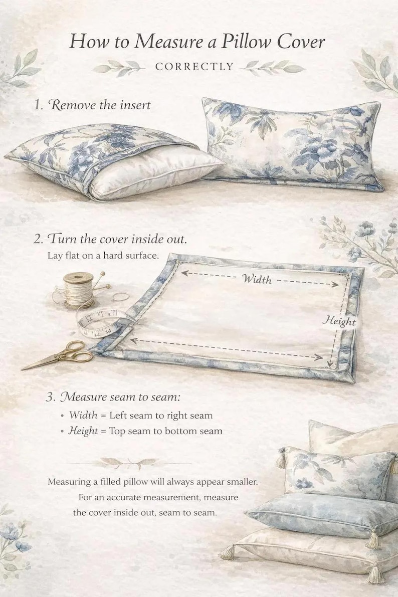 May include: Illustrated guide on how to measure a pillow cover correctly. The image shows a pillow with a floral design, a tape measure, and scissors. Text explains to measure the cover inside out, seam to seam, for accurate measurements.