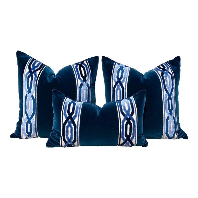 Velvet Pillow in Midnight Blue with Woven Velvet Trim Lumbar Etsy