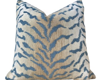Tiger Stripes Woven Pillow in Blue. Animal Stripes Pillows, Aqua Blue Designer pillow, Accent Cushion Covers, Decorative Blue Pillow Covers