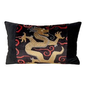 Schumacher Bixi Velvet Lumbar Pillow in Onyx. Lumbar Dragon Pillow, Black Dragon Pillow, Chinoiserie Velvet pillow