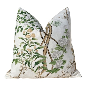 Katsura Pillow in Soft White and Green. Designer Linen Pillows, High End Floral Pillows, Euro Sham Cover, Decorative Lumbar Pillows