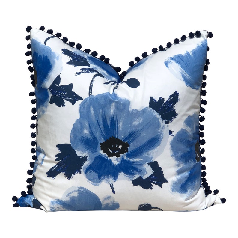Floral Pillow Cover in Blue Navy Pom Pom Trim.Designer Etsy