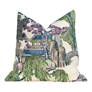 Thibaut &quot;Asian Scenic&quot; Pillow  Green Purple. Accent Pillow Cover, Designer Cushion, Decorative Pillow, High End Pillow, Chinoiserie Pillow