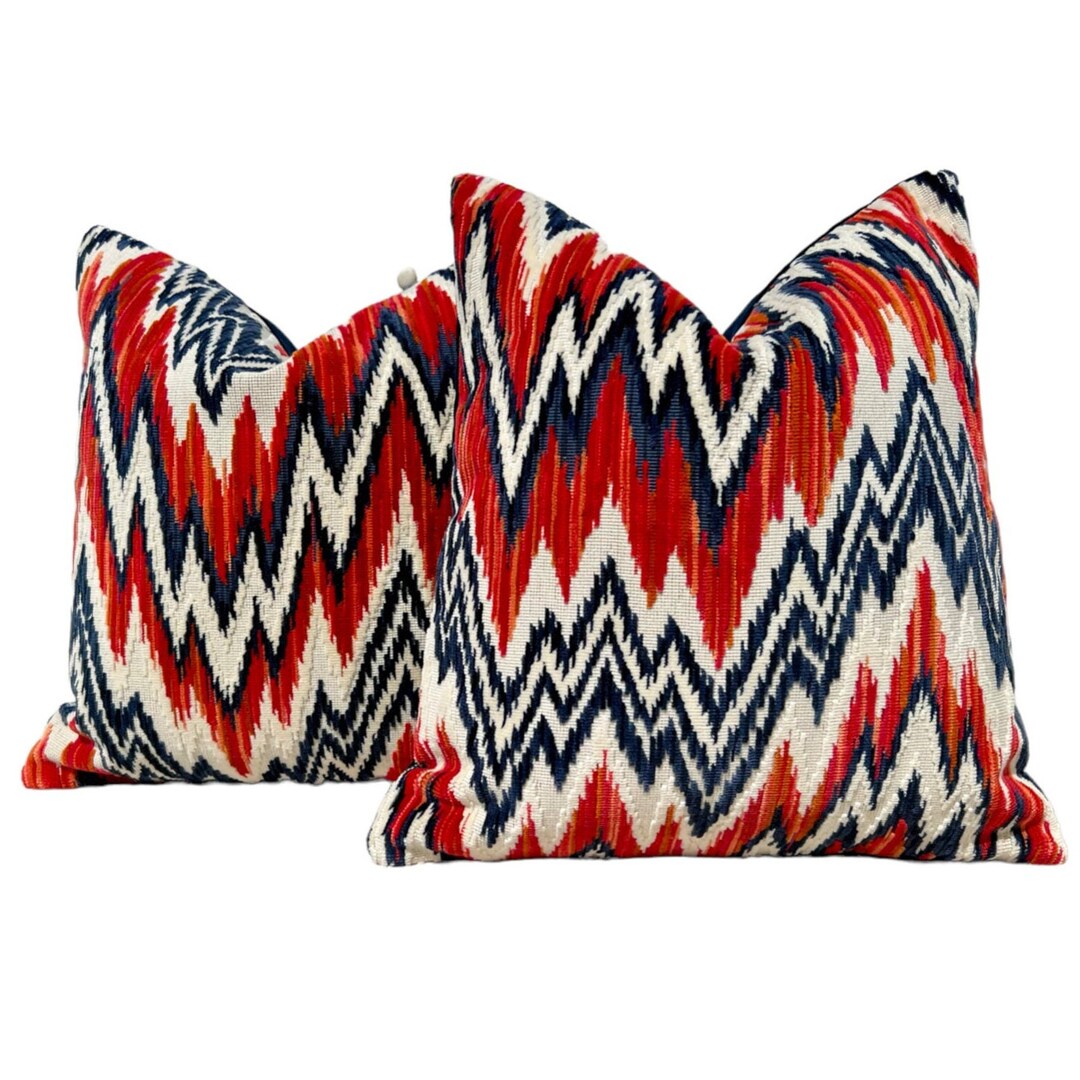 Thibaut Rhythm Velvet Pillow in Red and Navy. Designer Pillows, Zig Zag