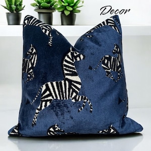 Zebra Velvet Pillow in Navy Blue, Luxe Designer Throw Pillow, Bold Animal Print Cushion, Safari-Inspired Home Decor