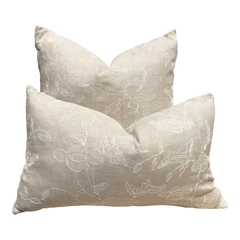 Embroidered Linen Pillow Cover in Taupe. Lumbar Linen Pillow Etsy
