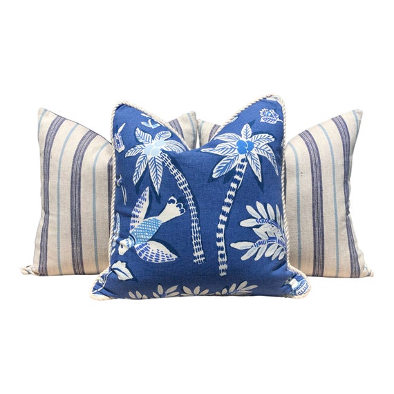 Blue Striped Linen Pillow. Lumbar Outdoor Crawley Sunbrella Throw Pillow