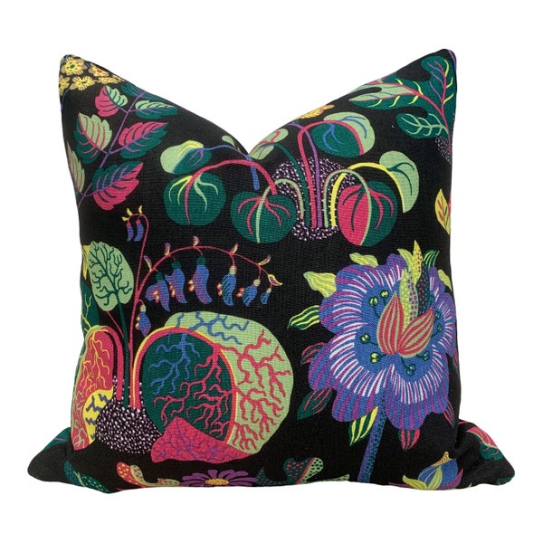 Schumacher Magical Garden Pillow in Purple and Black. Accent Lumbar Pillow in Black and Lilac.