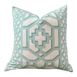 Schumacher Zanzibar Trellis Pillow in Mint. Designer Geometric Pillows, High End Aqua Pillow Covers, Accent Throw Pillows, Euro Sham Cover