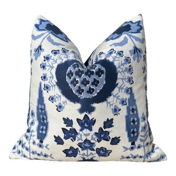 Thibaut Mendoza Suzani Pillow Cover - Blue, White. High End Pillow Covers, Designer Medallion Navy Pillow Cushions, Euro Sham Case 26"X26"