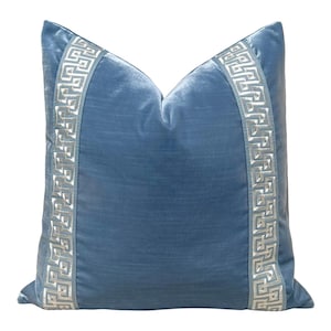 Designer Velvet Pillow in Luminous Blue with Greek Key Trim. Decorative High End Pillow, Velvet Lumbar Pillow Cover, Elegant Velvet Cushions