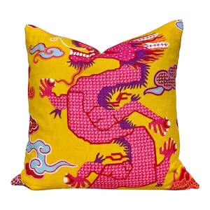 Schumacher Magical Ming Dragon Pillow in Hot Pink and Yellow, Designer Chinoiserie Throw Pillow, Bold Accent Cushion for Luxury Home Décor