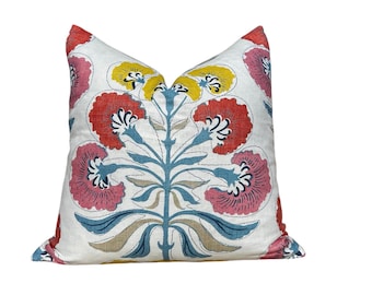 Thibaut Tybee Tree Pillow - Coral, Yellow. Designer Botanical Pillows, Euro Sham Linen Covers 26"X26", Floral Pillow Blue Red