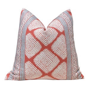 Thibaut Austin Striped  Pillow in Coral and Spa Blue. Lumbar Geometric Pillow Cover, Euro Sham Covers in Red and Blue, Designer Pillows