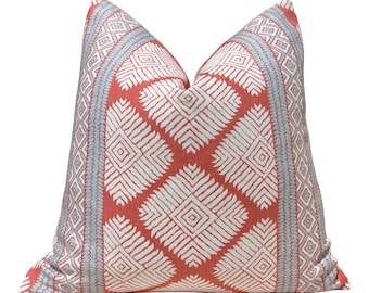 Thibaut Austin Striped  Pillow in Coral and Spa Blue. Lumbar Geometric Pillow Cover, Euro Sham Covers in Red and Blue, Designer Pillows