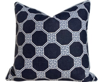 Schumacher Octavia Pillow Navy Blue. Greek Key Throw Pillows, Geometric Accent Cushions Blue, Decorative Pillow Cover, Designer Pillows Blue