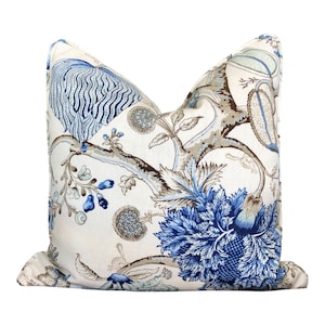 Scalamandre Pondicherry Linen Pillow in Delft. Jacobean Blue Pillow, Designer Fabric Cushion Cover, Floral Bedding, Decorative Toss Pillows