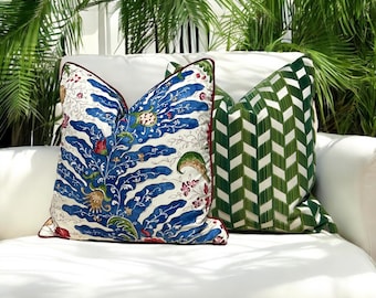 Brunschwig and Fills Riviere Pillow in Red and Blue with Twisted Cord Trim. Floral Designer Cushion Cover, High End Pillows, Euro Sham Case
