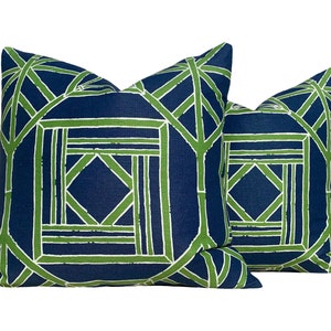Thibaut Shoji Panel Pillow in Navy BLue and Green. Lumbar Bamboo Cushion Chinoiserie Accent Pillow Designer pillows high end cushion
