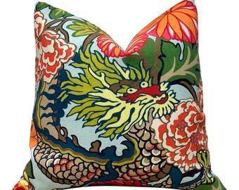 Schumacher  Outdoor Chaing Mai Dragon Pillow in Aquamarine. Designer Accent Pillows, Decorative Outdoor Cushions, Accent Outdoor Pillows