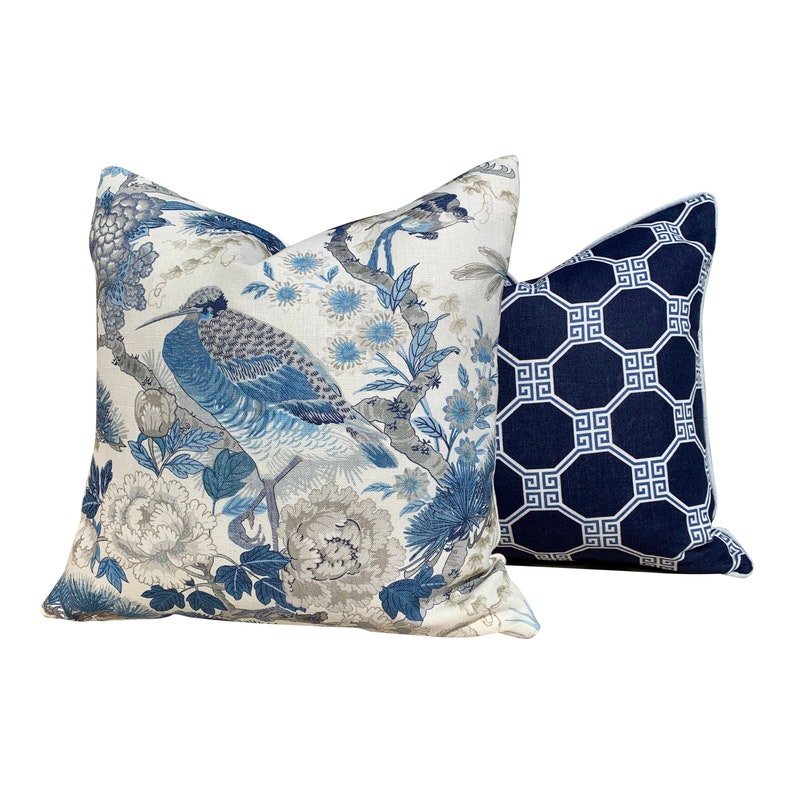 Decorative Pillow Cover. Accent Cushion Designer Pillow Cover Schumacher Octavia Pillow in Navy and Light Blue Lumbar Blue Pillow