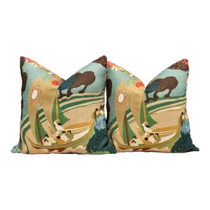 Schumacher Pearl River Linen Pillow in Jade. Designer Tan Aqua Pillow ...